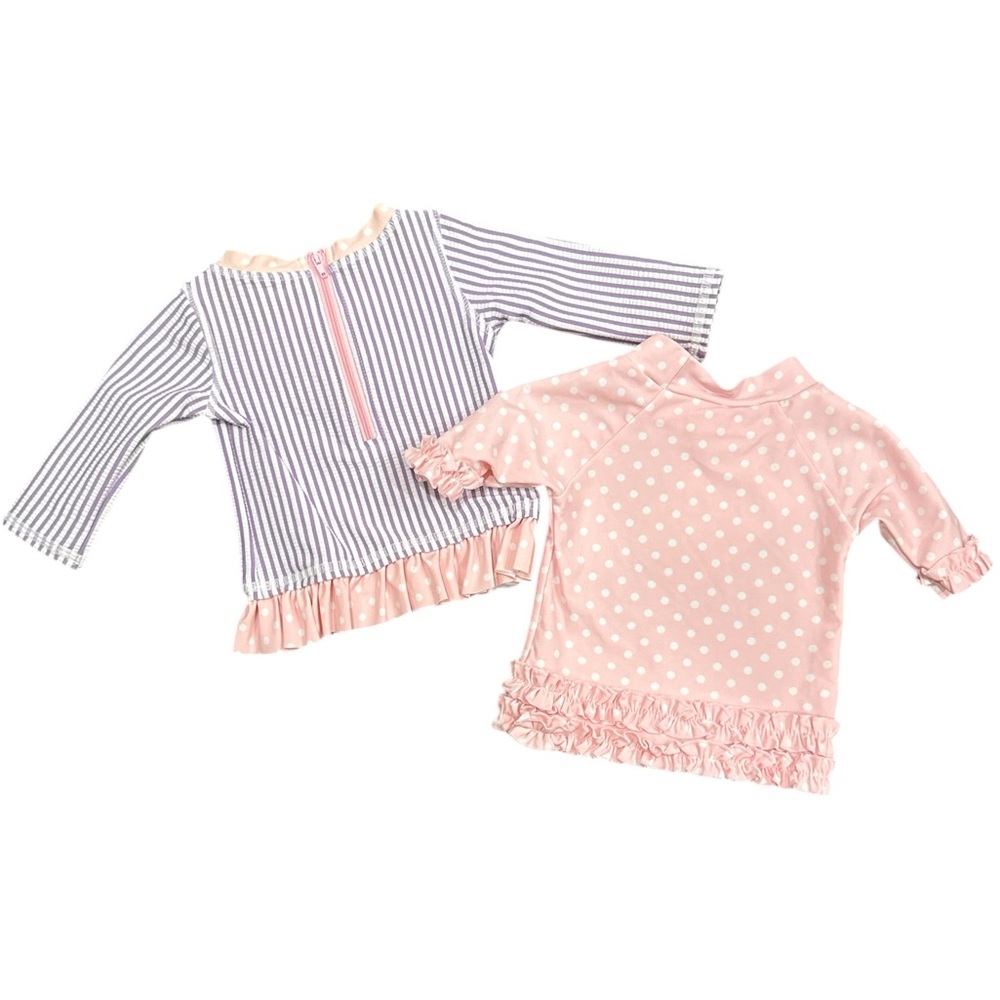 NWT Ruffle Butts Pair Ruffled Rash Guards SPF Seersucker Polka Dot 3-6 Months - Picture 2 of 6